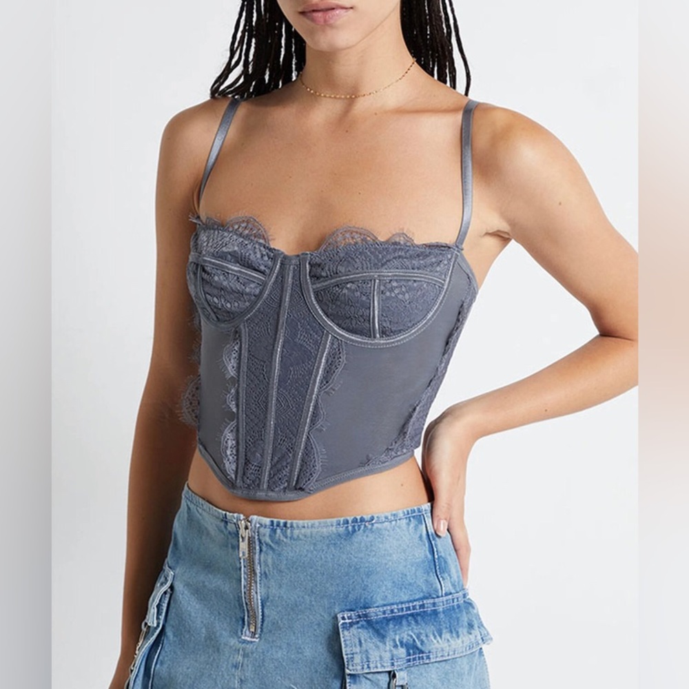 NWT PacSun- Gray Ryan Destiny Lace Trim Mesh Corset Top Size-xS